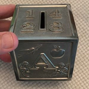 Vintage Leonard silver plated baby blocks coin bank